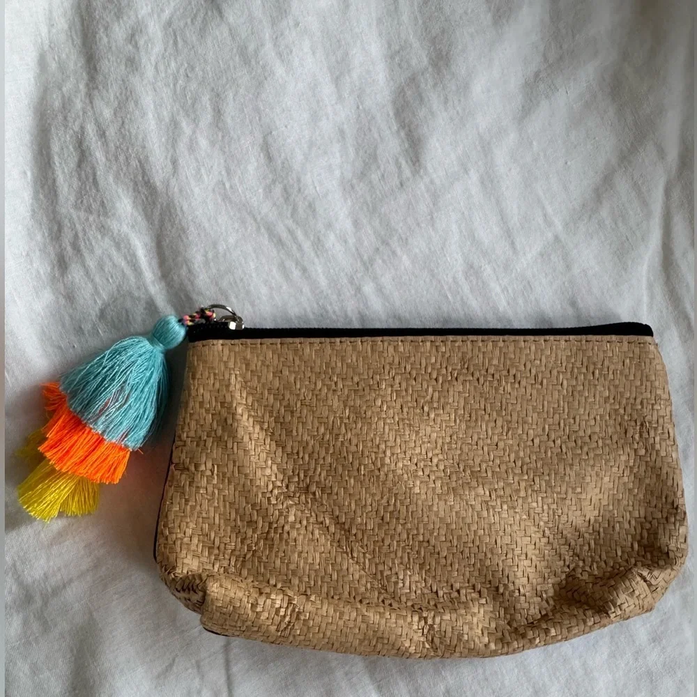 Woven Tan Clutch Cosmetic Pouch - Colorful Tassel Pom Pom / Toiletry bag